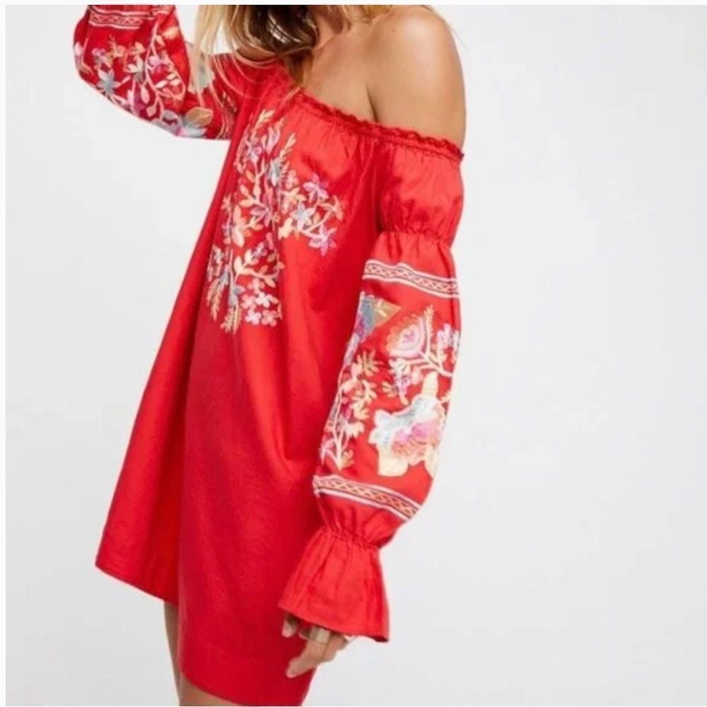 Flower Embroidered Red Dress Off Shoulder